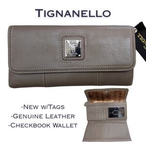 Tignanello Leather Trifold Checkbook Wallet Taupe Mushroom Professional NEW